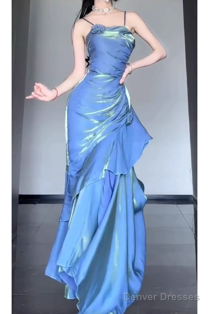 Retro Mermaid Spaghetti Straps Blue Ankle Length Prom Dresses Birthday Outfits With Flower