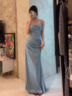 Retro Mermaid Spaghetti Straps Blue Sequin Prom Dress Birthday Outfits With Ruffle