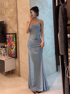 Retro Mermaid Spaghetti Straps Blue Sequin Prom Dress Birthday Outfits With Ruffle