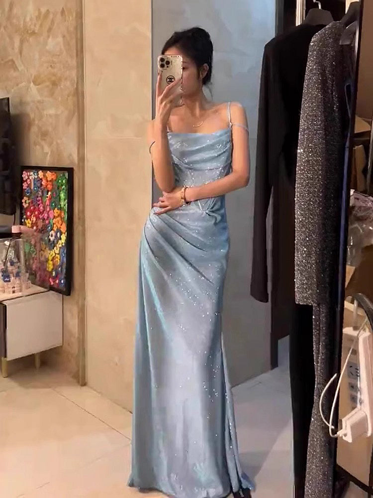 Retro Mermaid Spaghetti Straps Blue Sequin Prom Dress Birthday Outfits With Ruffle