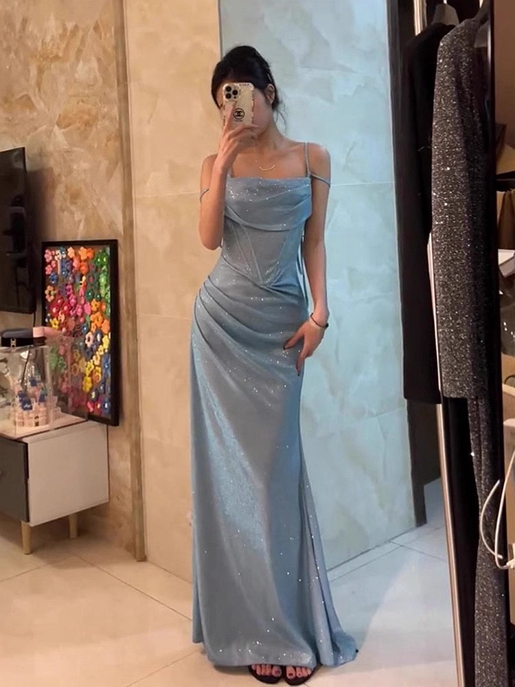 Retro Mermaid Spaghetti Straps Blue Sequin Prom Dress Birthday Outfits With Ruffle Main image