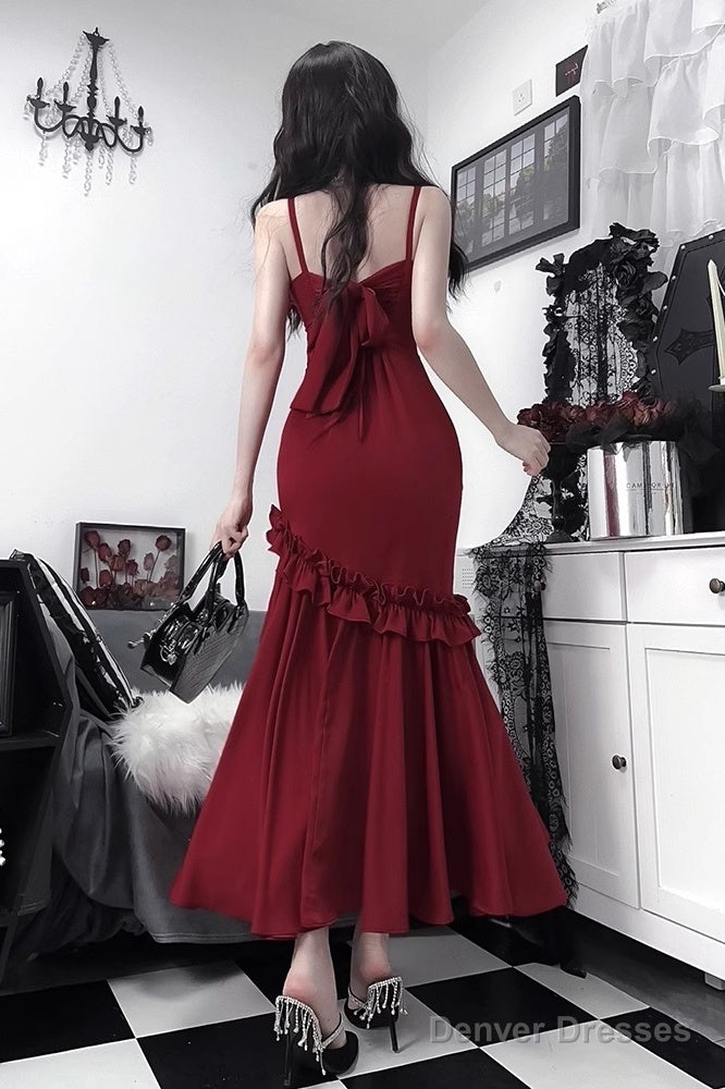 Retro Mermaid Spaghetti Straps Burgundy Ankle Length Prom Dresses Birthday Outfits