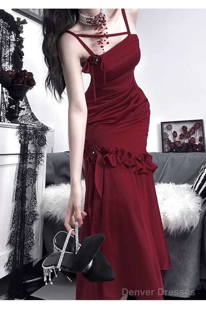 Retro Mermaid Spaghetti Straps Burgundy Ankle Length Prom Dresses Birthday Outfits