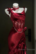 Retro Mermaid Spaghetti Straps Burgundy Lace Prom Dress Birthday Outfits