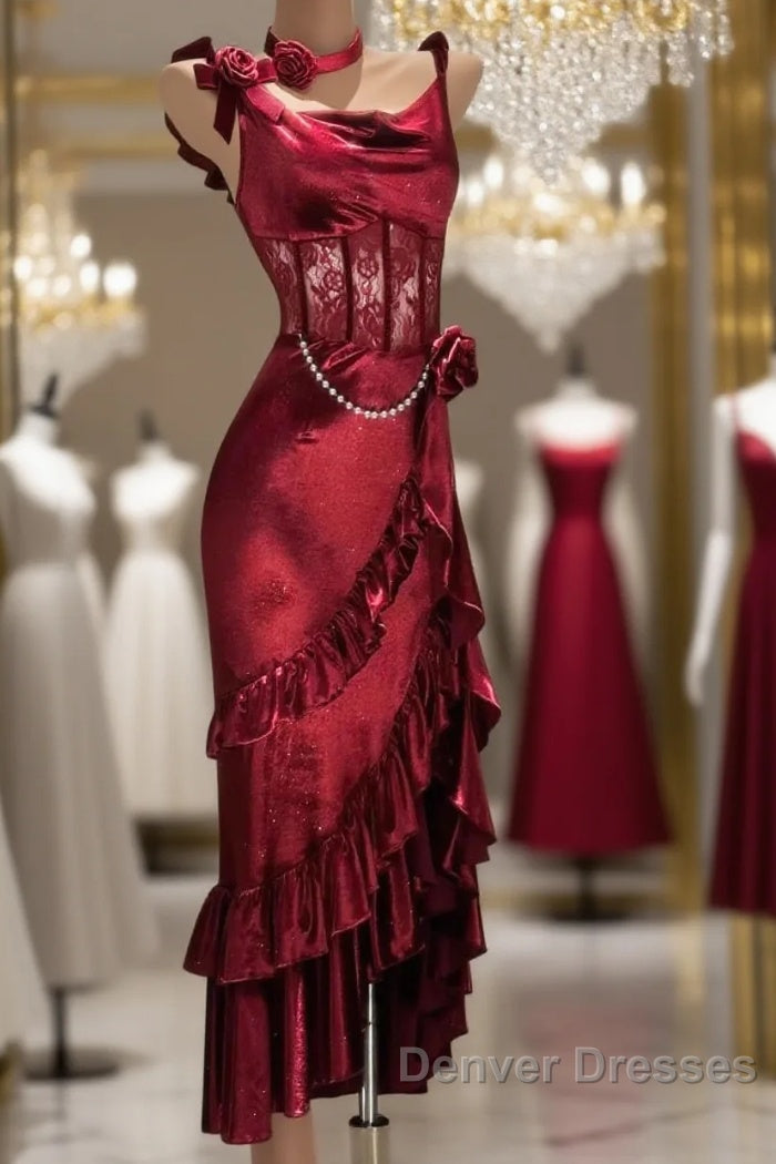 Retro Mermaid Spaghetti Straps Burgundy Lace Prom Dress Birthday Outfits Main image