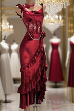 Retro Mermaid Spaghetti Straps Burgundy Lace Prom Dress Birthday Outfits
