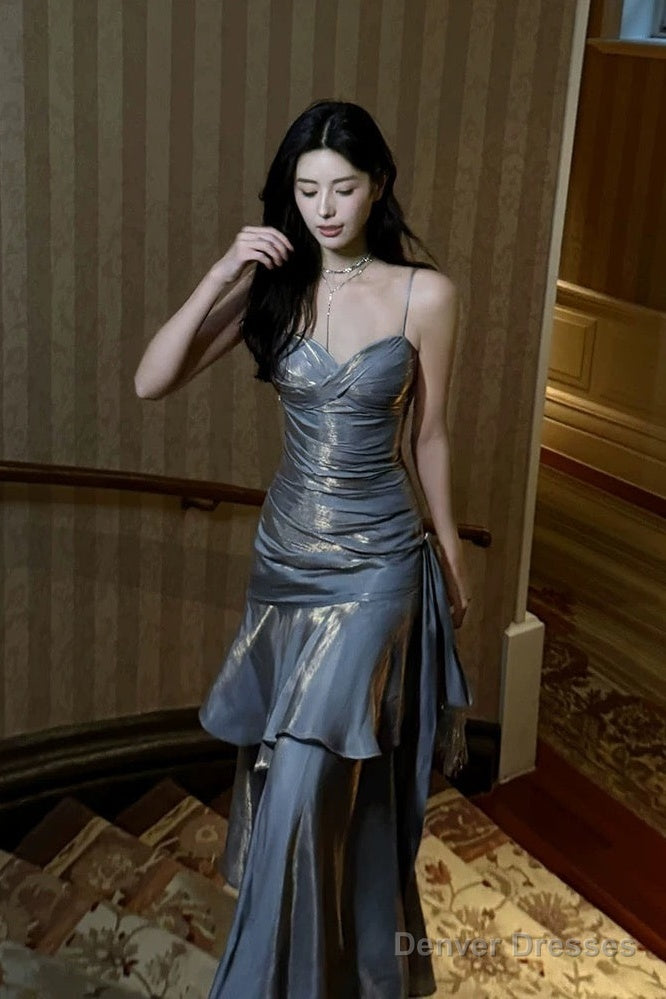 Retro Mermaid Spaghetti Straps Gray Long Length Evening Dress Prom Dresses