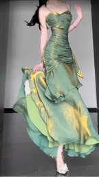 Retro Mermaid Spaghetti Straps Green Prom Dress Birthday Outfits With Flower