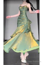 Retro Mermaid Spaghetti Straps Green Prom Dresses Birthday Outfits With Flower