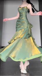 Retro Mermaid Spaghetti Straps Green Prom Dress Birthday Outfits With Flower