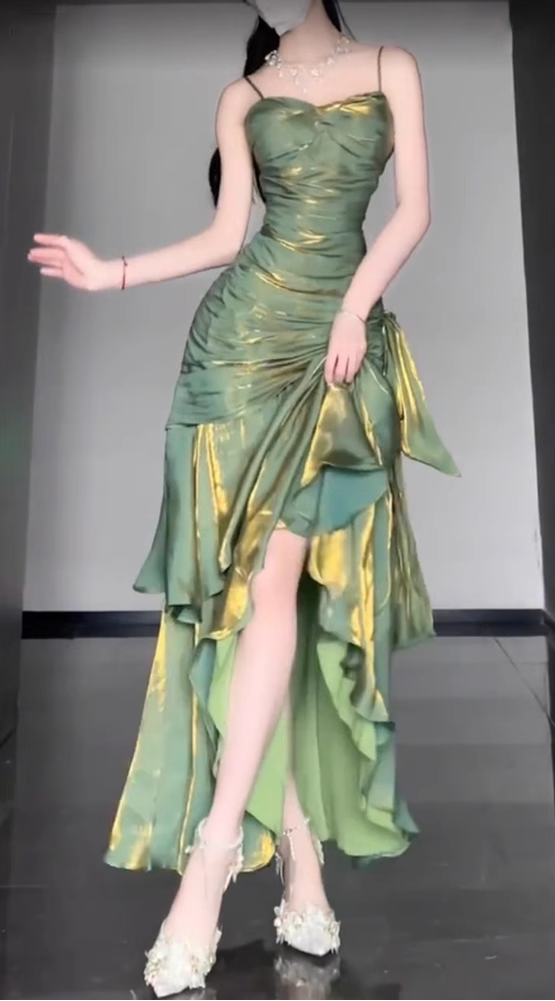 Retro Mermaid Spaghetti Straps Green Prom Dress Birthday Outfits With Flower Main image