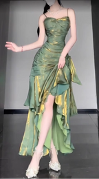 Retro Mermaid Spaghetti Straps Green Prom Dress Birthday Outfits With Flower