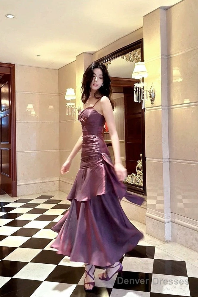 Retro Mermaid Spaghetti Straps Long Length Grape Evening Dress Prom Dresses