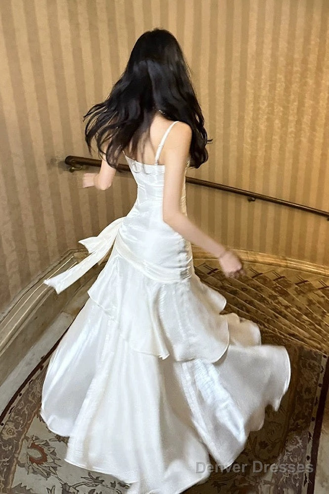 Retro Mermaid Spaghetti Straps Long Length White Evening Dress Prom Dresses