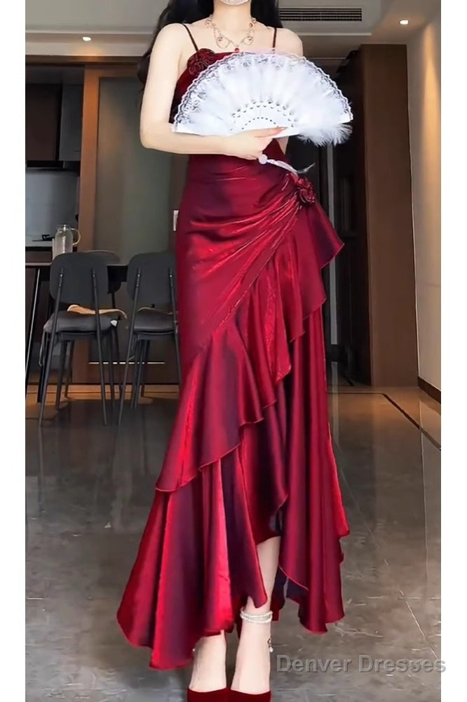 Retro Mermaid Spaghetti Straps Red Ankle Length Prom Dresses Birthday Outfits Secondary image