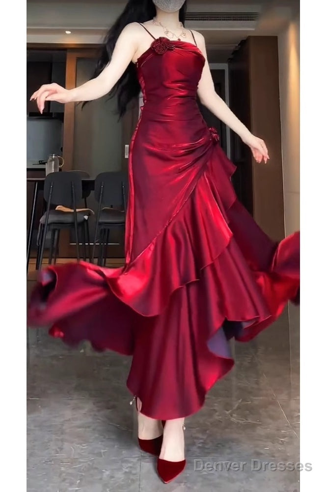 Retro Mermaid Spaghetti Straps Red Ankle Length Prom Dresses Birthday Outfits