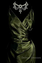 Retro Mermaid Spaghetti Straps Satin Green Long Evening Dress Prom Dress