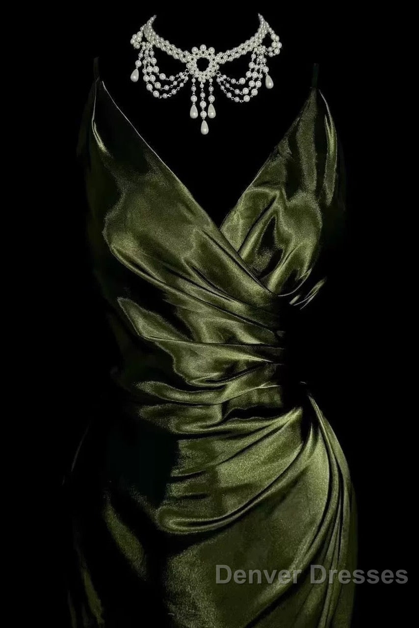 Retro Mermaid Spaghetti Straps Satin Green Long Evening Dress Prom Dress