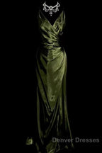 Retro Mermaid Spaghetti Straps Satin Green Long Evening Dress Prom Dress