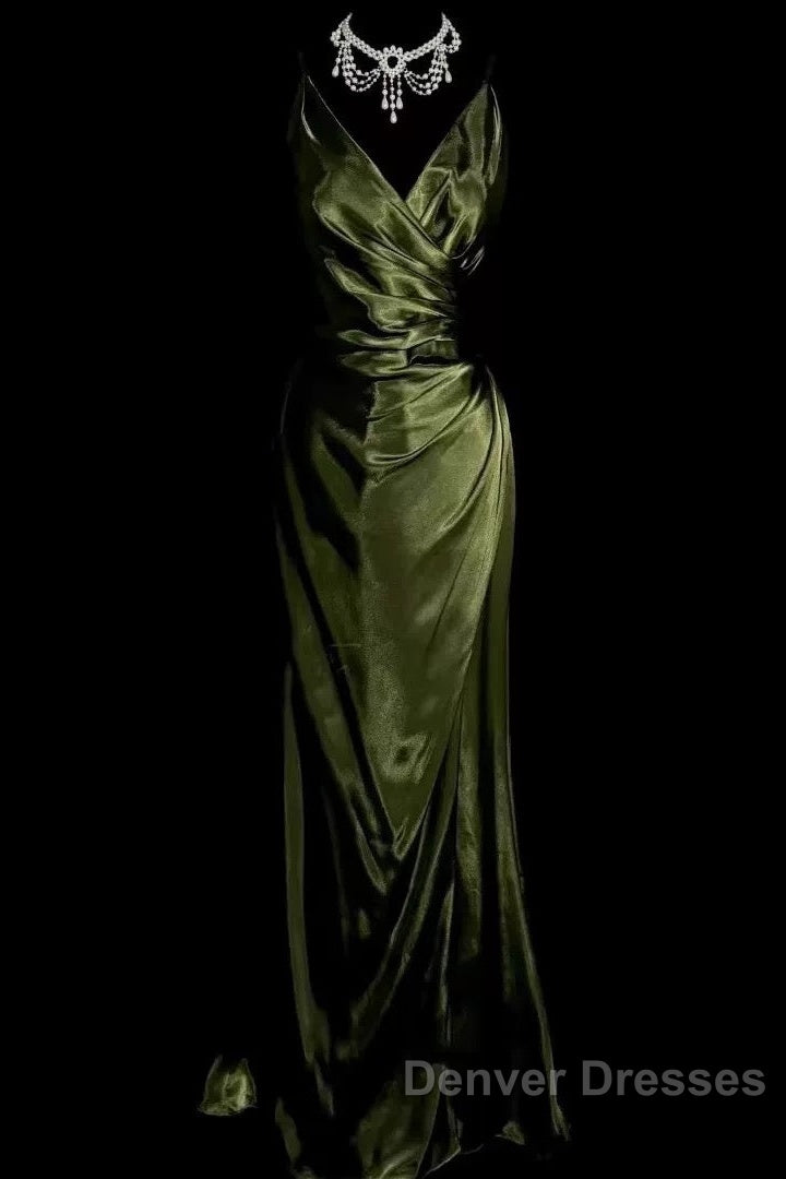 Retro Mermaid Spaghetti Straps Satin Green Long Evening Dress Prom Dress
