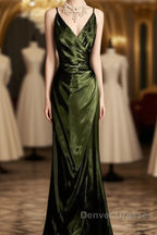 Retro Mermaid Spaghetti Straps Satin Green Long Evening Dress Prom Dress