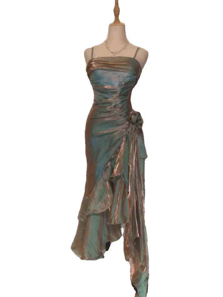 Retro Mermaid Spaghetti Straps Satin Long Party Dress Prom Dress