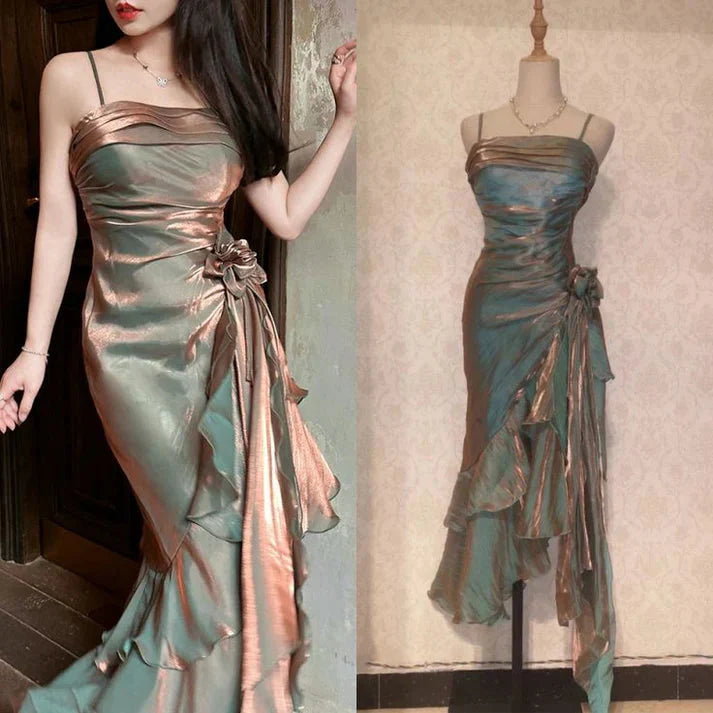 Retro Mermaid Spaghetti Straps Satin Long Party Dress Prom Dress Main image