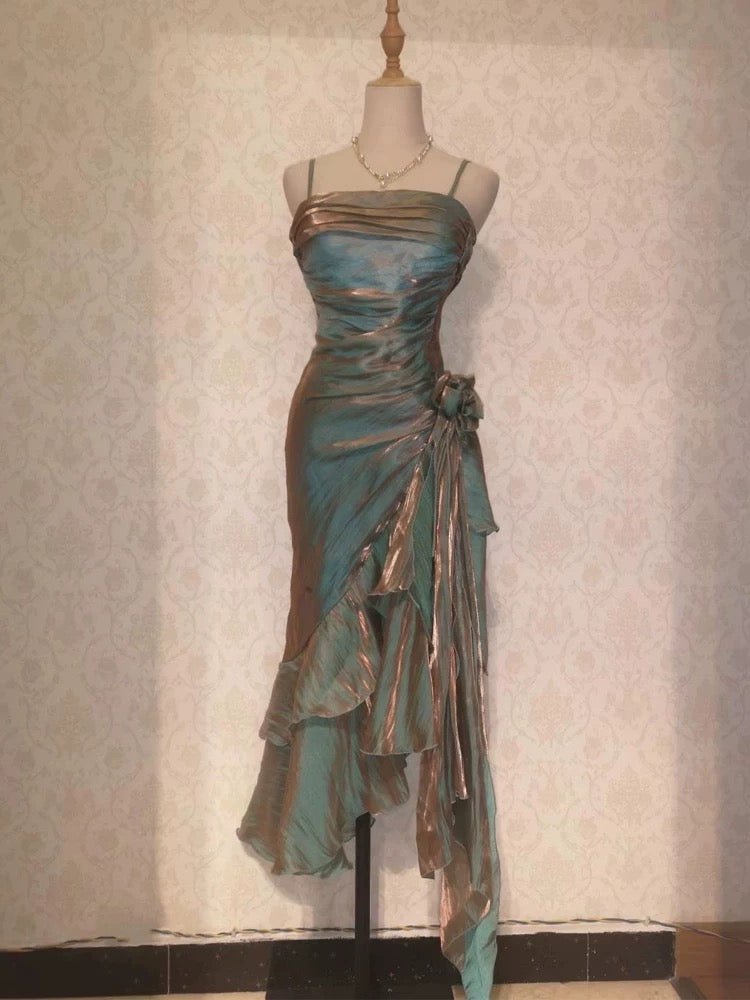 Retro Mermaid Spaghetti Straps Satin Long Party Dress Prom Dress