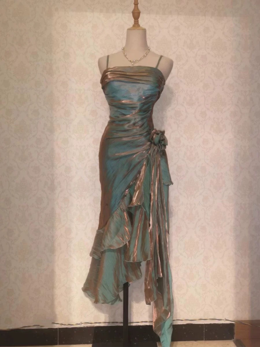 Retro Mermaid Spaghetti Straps Satin Long Party Dress Prom Dress