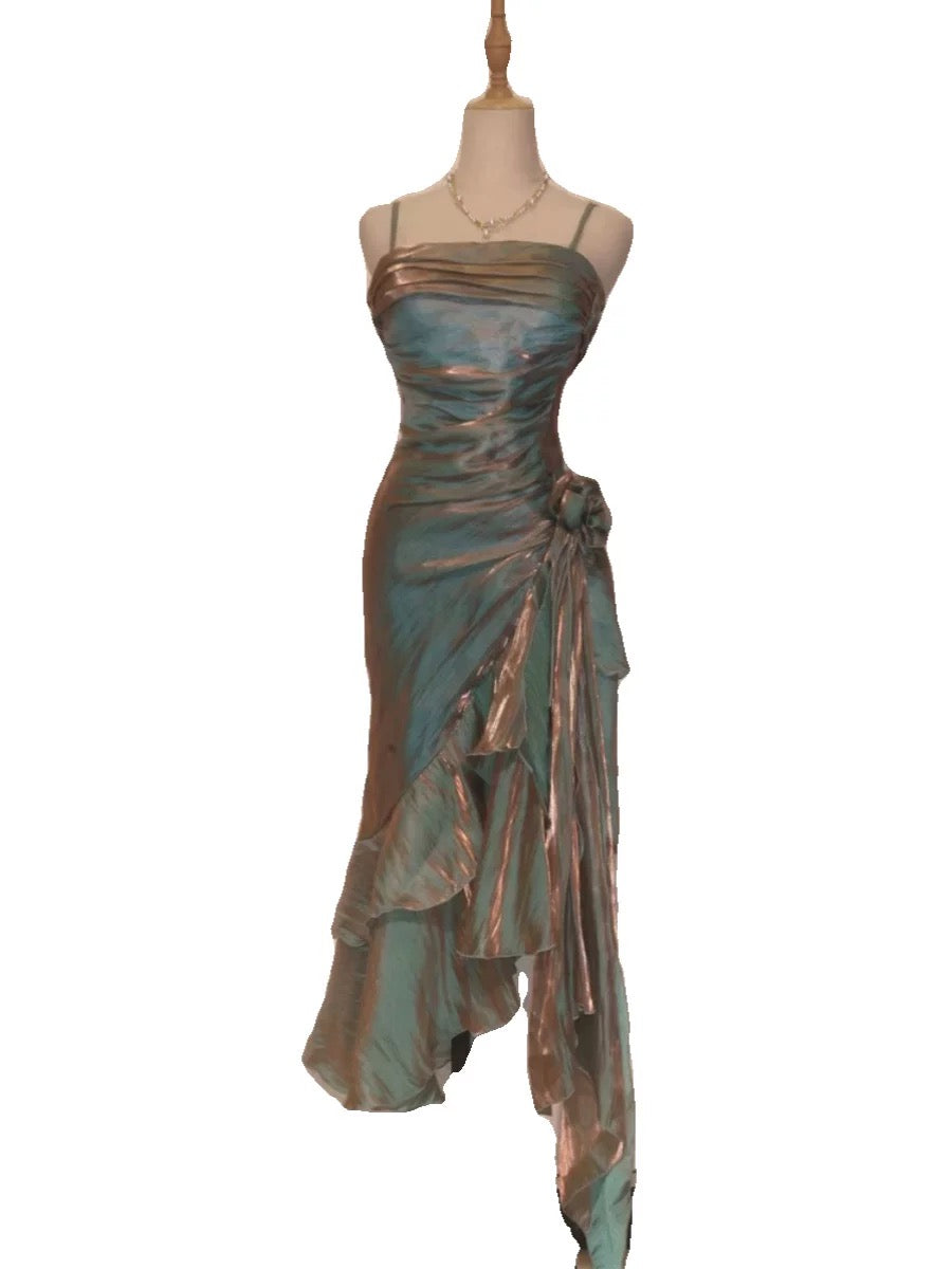 Retro Mermaid Spaghetti Straps Satin Long Party Dress Prom Dress