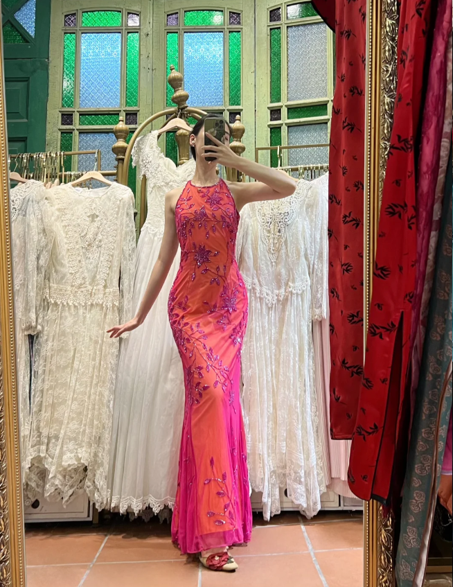 Retro Orange-Pink Mermaid Halter Neck Backless Beaded Tulle Long Prom Dress Evening Dress Secondary image