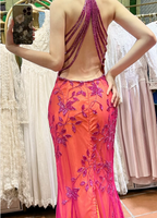 Retro Orange-Pink Mermaid Halter Neck Backless Beaded Tulle Long Prom Dress Evening Dress