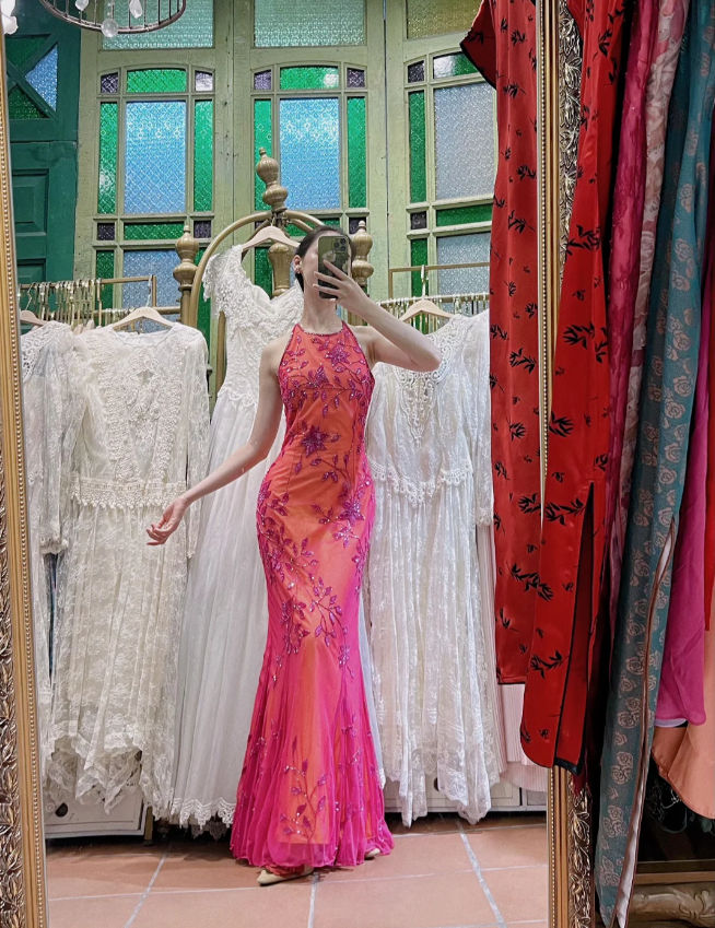 Retro Orange-Pink Mermaid Halter Neck Backless Beaded Tulle Long Prom Dress Evening Dress