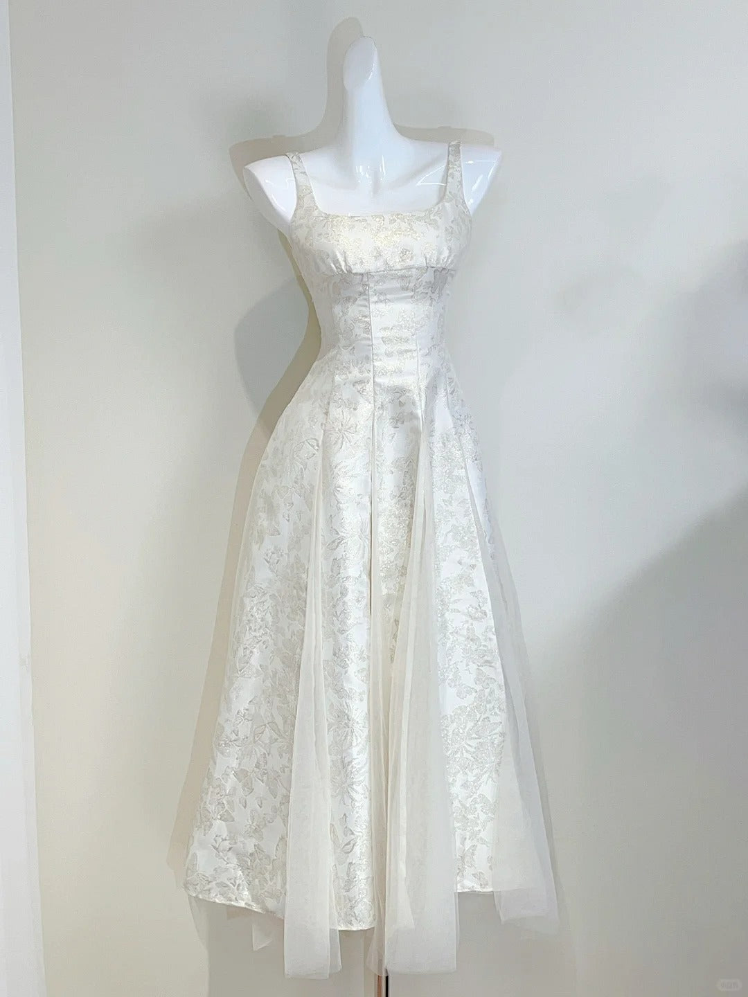 Retro Palace Ivory A-Line Square Neck Strap Jacquard Tulle Prom Dress Evening Dress