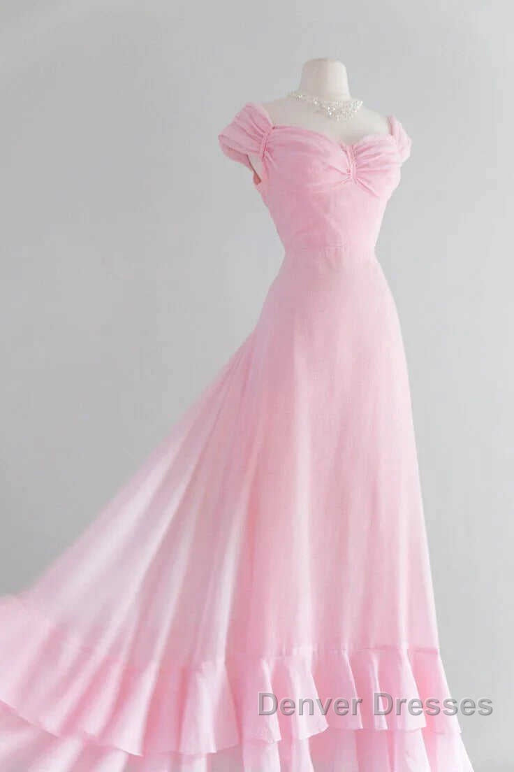 Retro Pink A-line Long Prom Dress,Pink Bridesmaid Dress