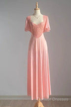 Retro Pink Long Bridesmaid Dress Lace Prom Dress