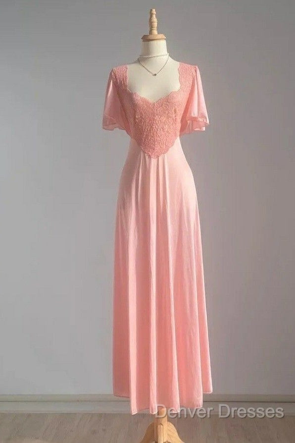 Retro Pink Long Bridesmaid Dress Lace Prom Dress