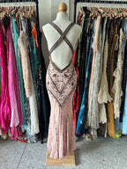 Retro Pink Mermaid Backless V-Neck Beaded Chiffon Long Prom Dress Evening Dress