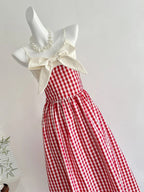 Retro Red And White Plaid A-Line Bow Strap Long Prom Dress 17Th Birthday Dress