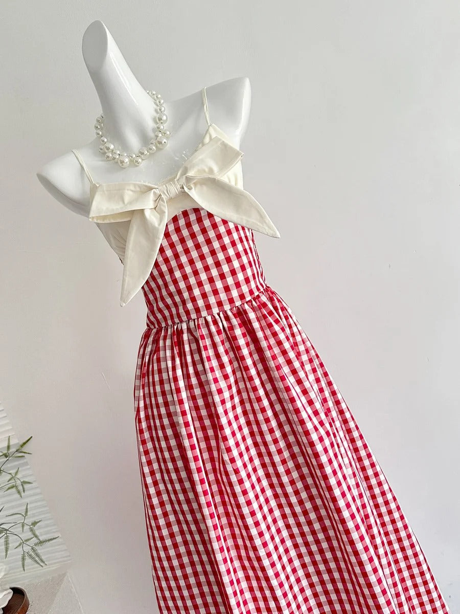 Retro Red And White Plaid A-Line Bow Strap Long Prom Dress 17Th Birthday Dress