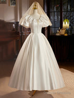 Retro Satin Tea Length Prom Dress With Lace, White A-Line Evening Party Dress