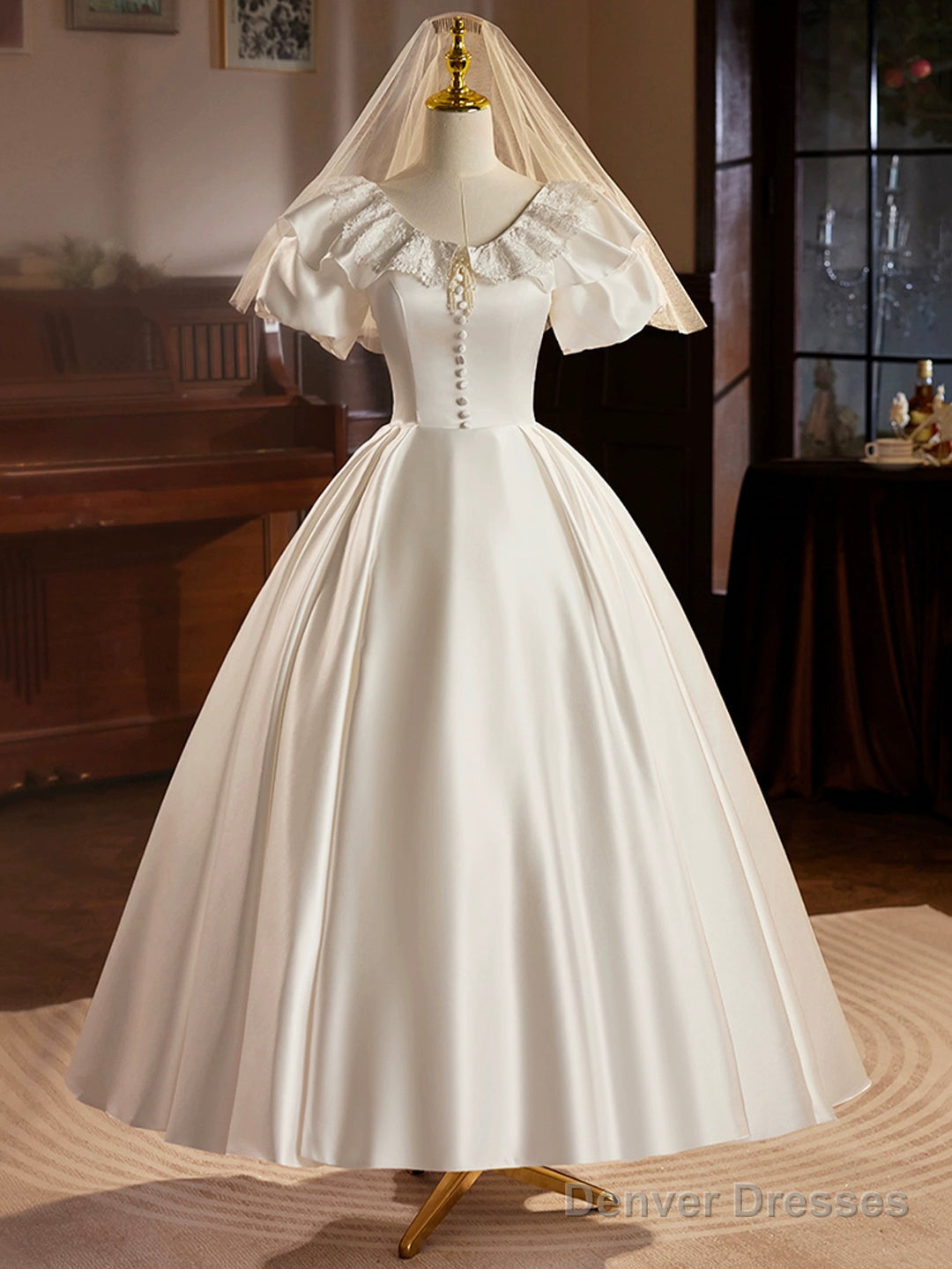 Retro Satin Tea Length Prom Dress With Lace, White A-Line Evening Party Dress Main image