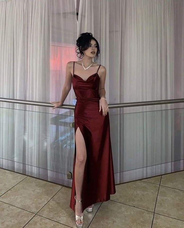 Retro Sheath Spaghetti Straps Burgundy Satin Long Party Dress Prom Dress