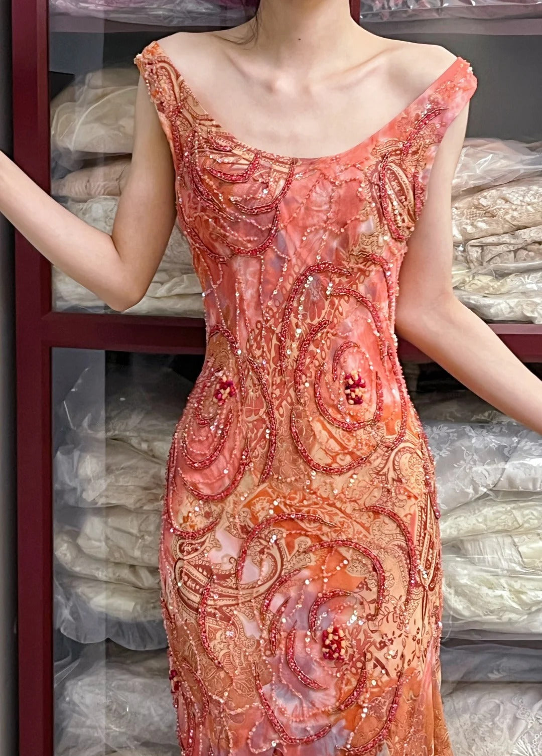 Retro Sparkling Orange-Red Mermaid Ruffled Beaded Chiffon Long Prom Dress Evening Dress
