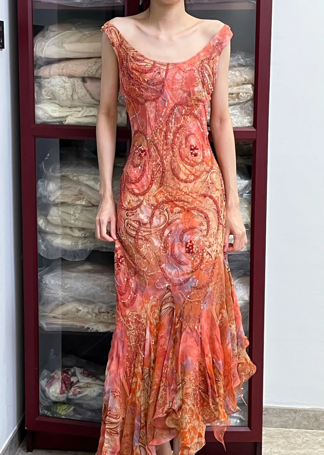 Retro Sparkling Orange-Red Mermaid Ruffled Beaded Chiffon Long Prom Dress Evening Dress Main image