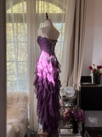 Retro Strapless Grape Purple Fungus Curled Skirt Chiffon Long Prom Dress