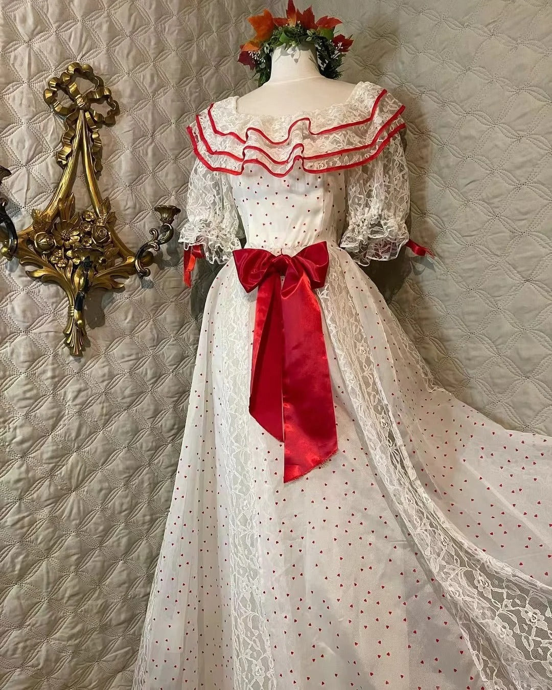 Retro White And Red Color-Blocked Ruffled Collar Polka Dot Bow Lace A-Line Long Prom Dress Evening Dress Secondary image