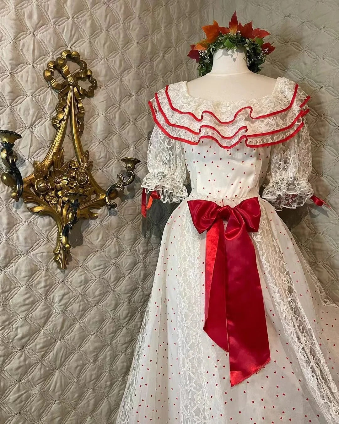 Retro White And Red Color-Blocked Ruffled Collar Polka Dot Bow Lace A-Line Long Prom Dress Evening Dress