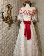 Retro White And Red Color-Blocked Ruffled Collar Polka Dot Bow Lace A-Line Long Prom Dress Evening Dress
