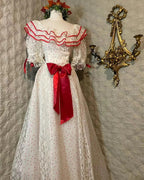 Retro White And Red Color-Blocked Ruffled Collar Polka Dot Bow Lace A-Line Long Prom Dress Evening Dress